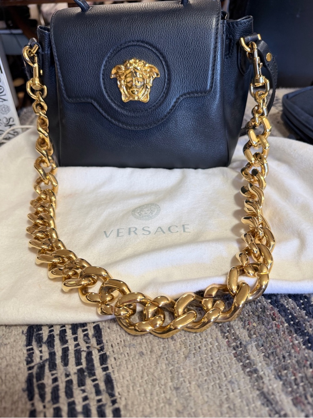 Versace Black Leather Top Handle Bag with Gold Medusa and Chain